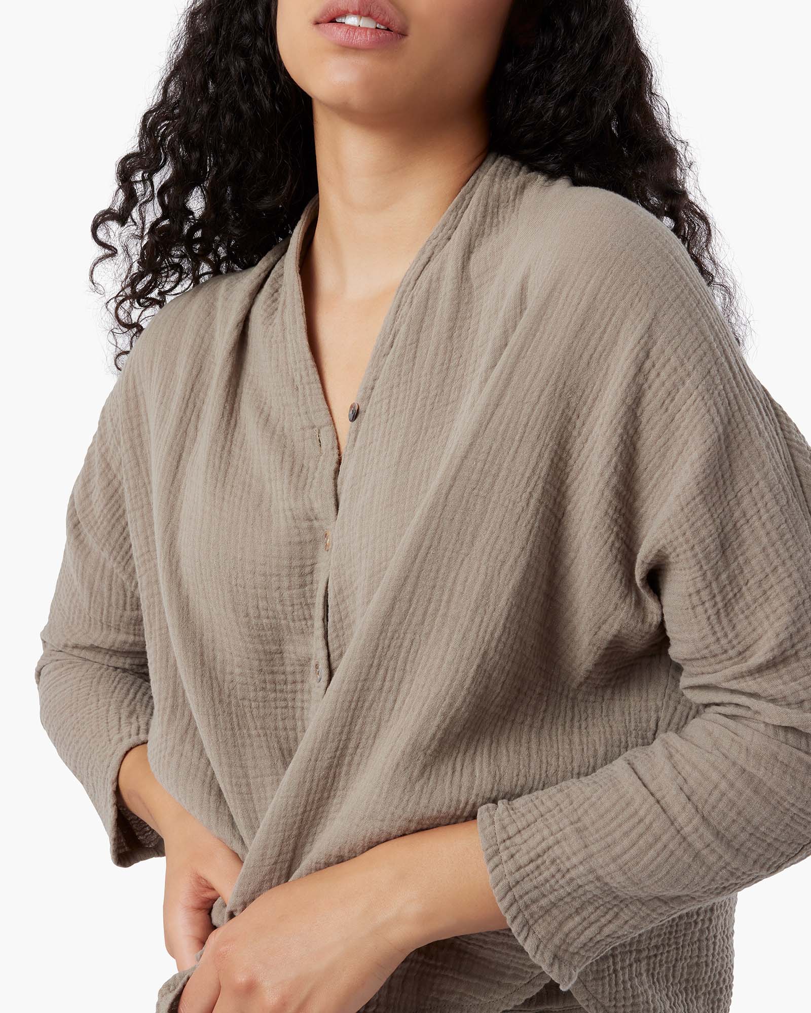 Gauze Button Up Blouse - Putty - Image 5